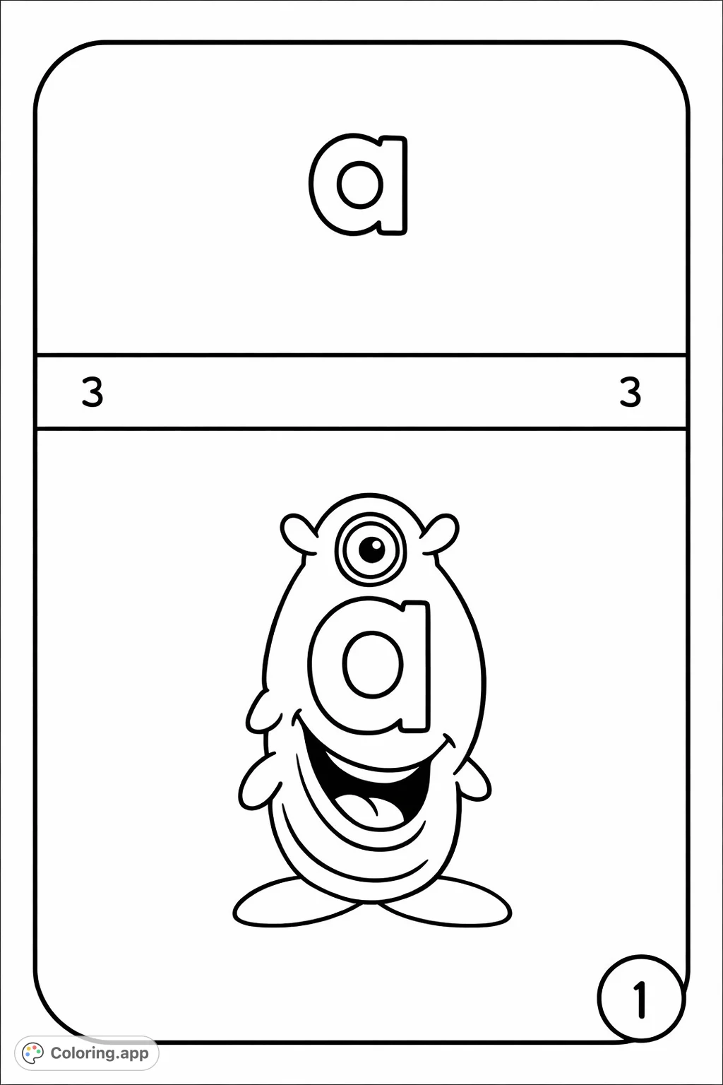 Discover the friendly alphabet monster featuring the letter 'a' in a fun, educational design. Perfect for young learners to practice letter recognition and coloring skills.