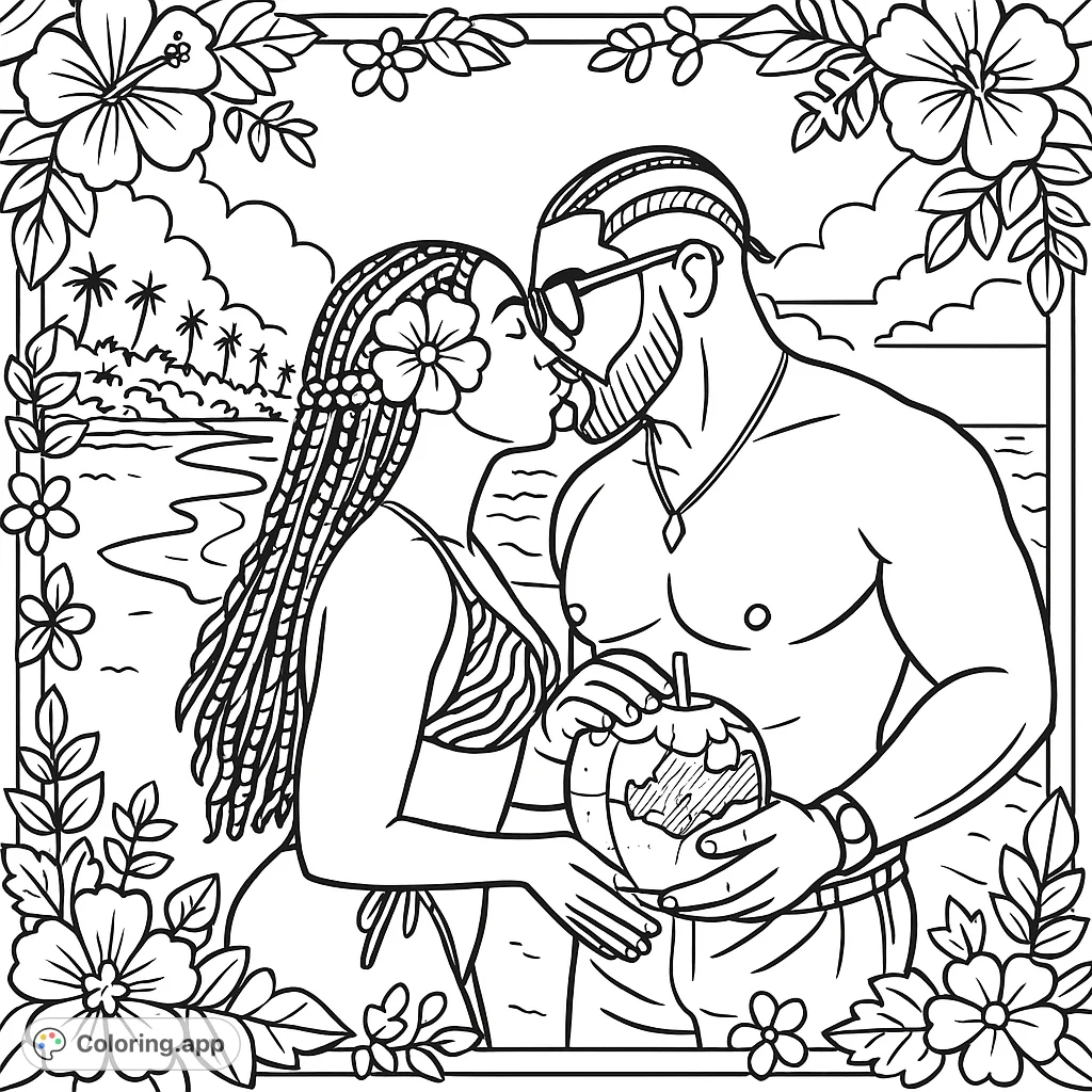 Capture a loving moment with this romantic beach coloring page. A couple shares a kiss amidst palm trees and ocean waves, perfect for adult colorists.