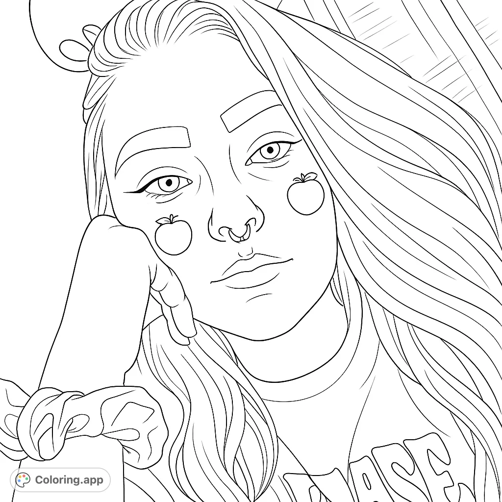 Discover this unique portrait featuring a person with expressive features, flowing hair, and playful fruit accents. A trendy and engaging coloring experience awaits.