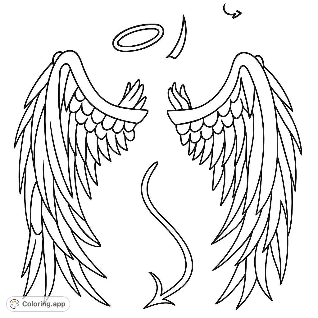 Discover this captivating feathered duality wings coloring page, a free printable offering intricate details. Perfect for adults seeking a symbolic and engaging art experience.