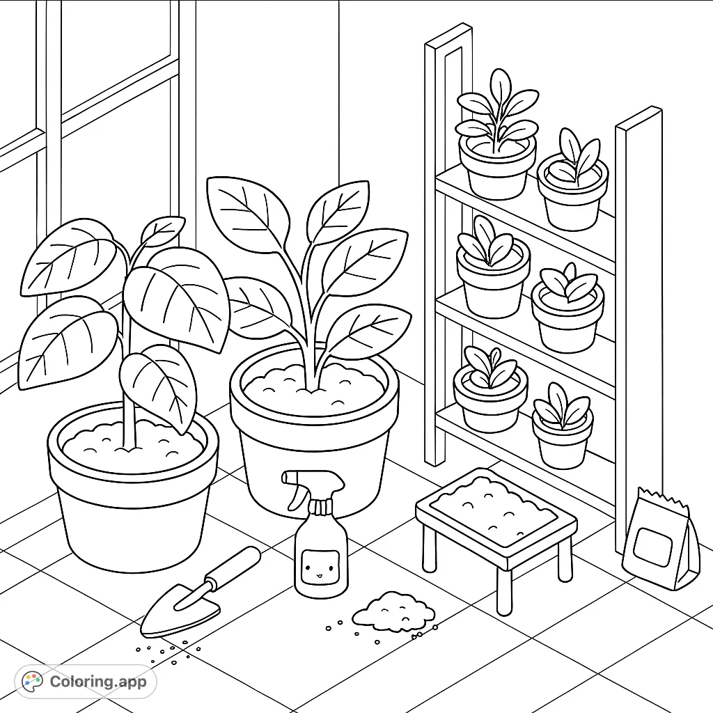 A delightful indoor plant scene featuring various potted plants, gardening tools, and a shelf of growing sprouts, perfect for plant enthusiasts.