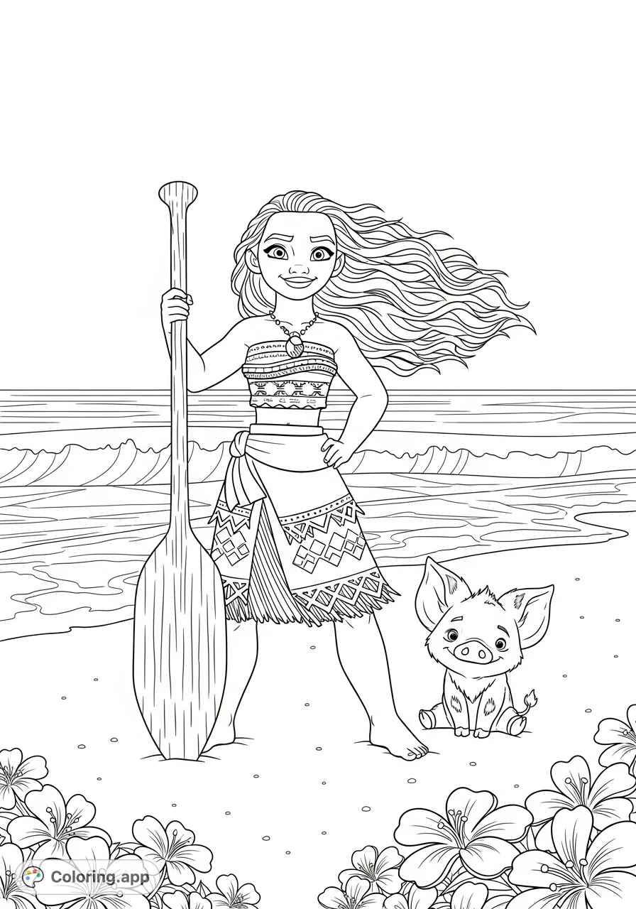 Join Moana and her loyal friend Pua on a tropical beach adventure. This free printable coloring page captures a serene island moment with ocean waves and flowers.