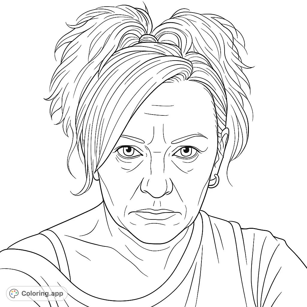 An engaging portrait of a woman featuring a voluminous, textured hairstyle and a neutral expression, inviting creative interpretation.