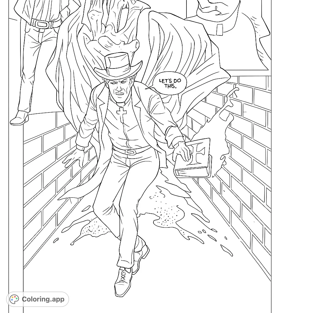 A dynamic vigilante cleric confronts unseen forces in a narrow alley, book in hand. Intense graphic novel scene for dramatic adult coloring.