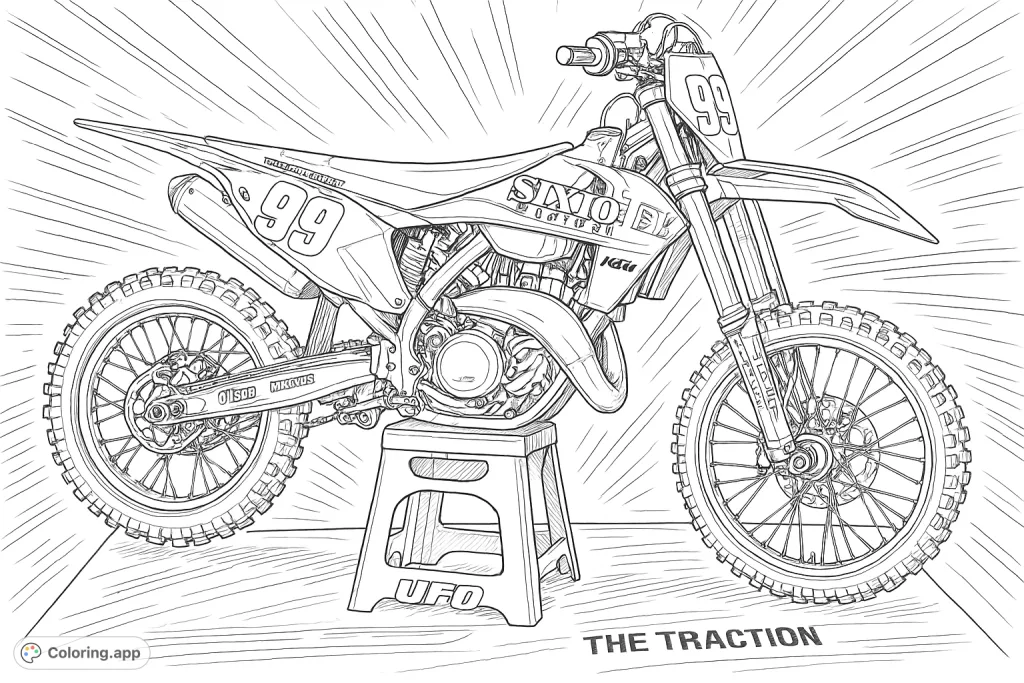 A detailed motocross bike rests on a display stand, radiating readiness for action. Customize its dynamic lines and intricate mechanics in this exciting free printable coloring page.