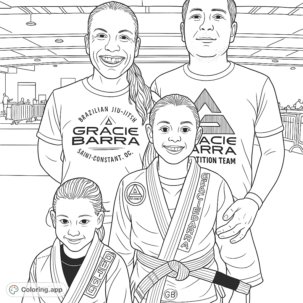 A heartwarming Brazilian Jiu-Jitsu family portrait, featuring two adults and two children in their gis and academy attire. Celebrate martial arts and family!