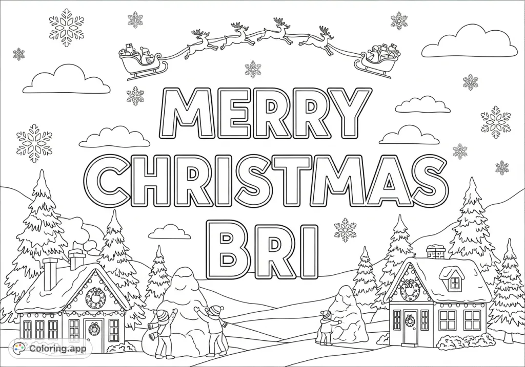 A personalized Merry Christmas Bri coloring page featuring prominent holiday text surrounded by charming outdoor winter wonderland scenes with snow, trees, houses, and sleighs.