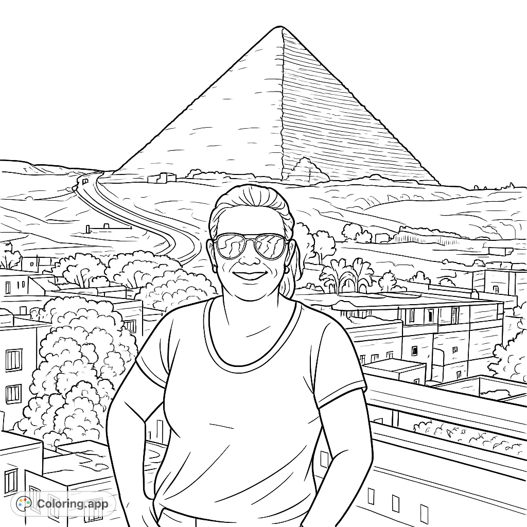 Explore ancient wonders with this pyramid coloring page. Features a traveler against a majestic pyramid, desert landscape, and historic buildings.