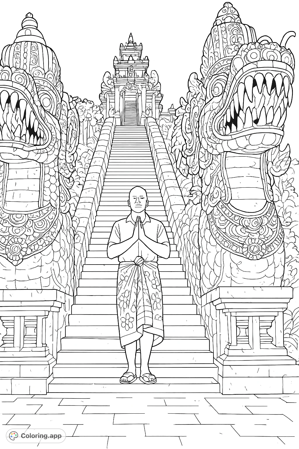 Explore a grand Balinese temple with intricate dragon statues and a respectful figure. A detailed journey into cultural architecture and spiritual tradition.