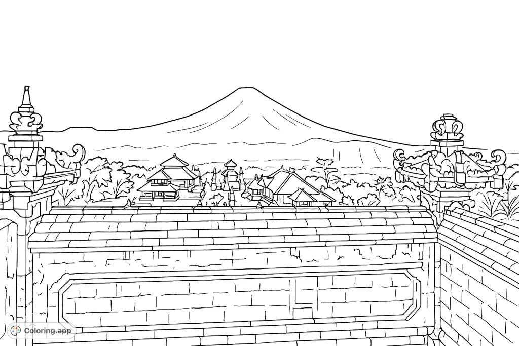 Discover a majestic Balinese temple vista, featuring ornate stone structures, traditional buildings, and a towering sacred mountain on the horizon.