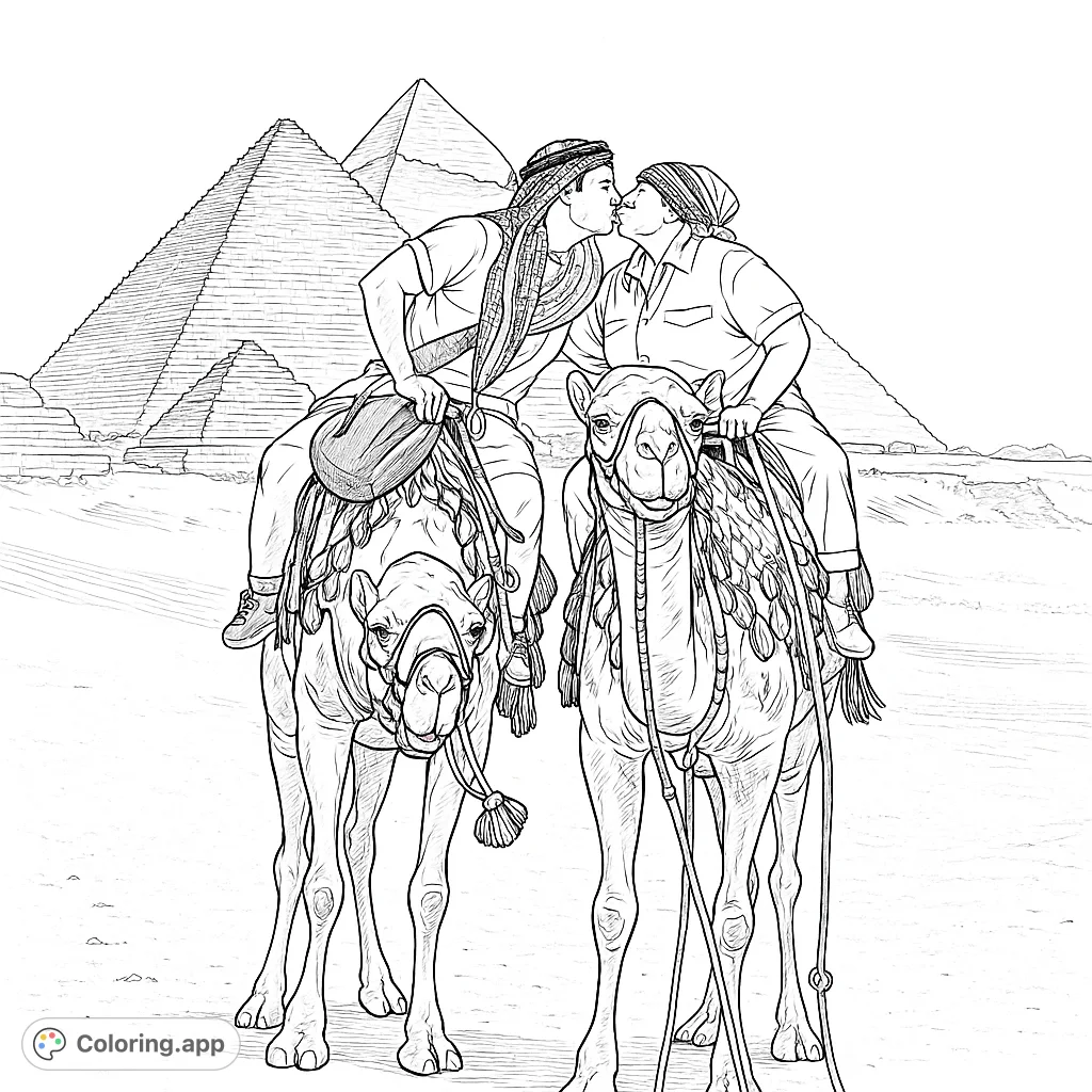 Capture a loving couple on camelback amidst majestic ancient pyramids in a sweeping desert landscape. A perfect blend of romance and historical wonder.