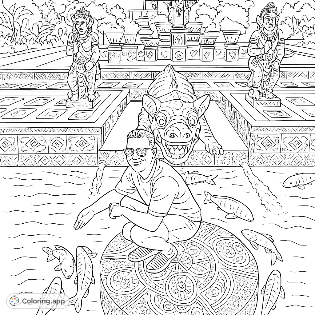 A serene garden pond scene featuring a person feeding fish, surrounded by intricate stone statues, tiered fountains, and lush cultural garden architecture.