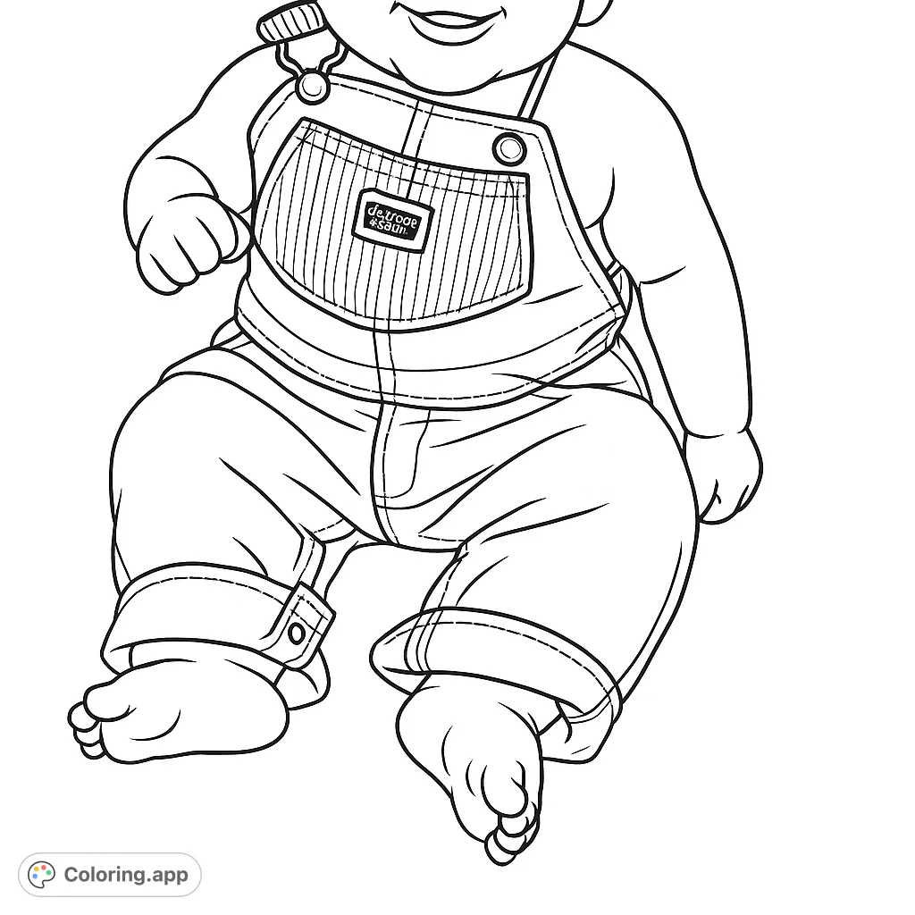 Adorable baby in classic overalls sitting on a wooden floor. A charming scene for any colorist, perfect for capturing youthful innocence and simple joy.