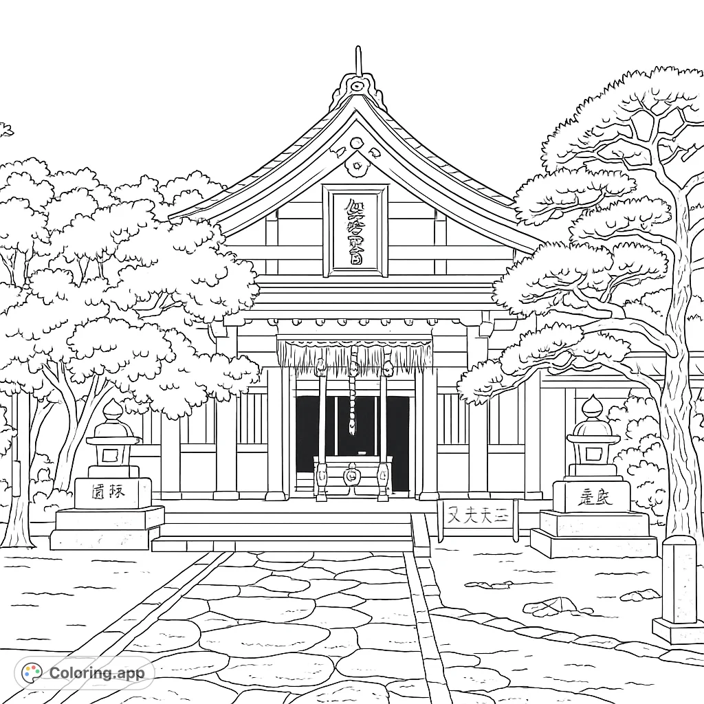 Explore a serene Japanese shrine with intricate architecture, ancient trees, and guardian statues. A detailed historical and cultural scene awaiting your artistic touch.