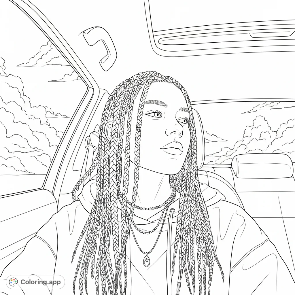 A serene portrait of a young person with intricately braided hair, seated in a vehicle. Layered necklaces and a hooded garment add to their calm, stylish presence against a backdrop of clouds and a sunroof.