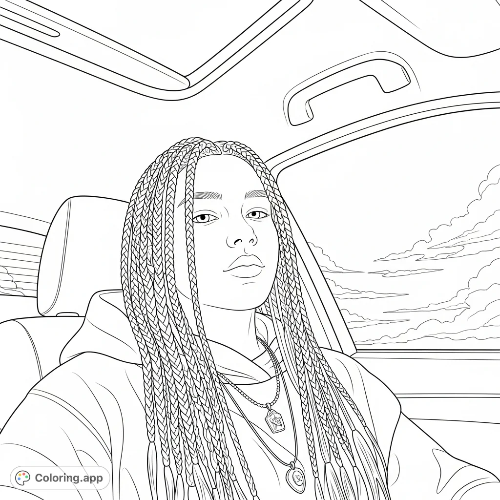 A serene young person with intricate braids and layered necklaces, gazing calmly from a vehicle window with clouds visible, offering a tranquil scene to color.