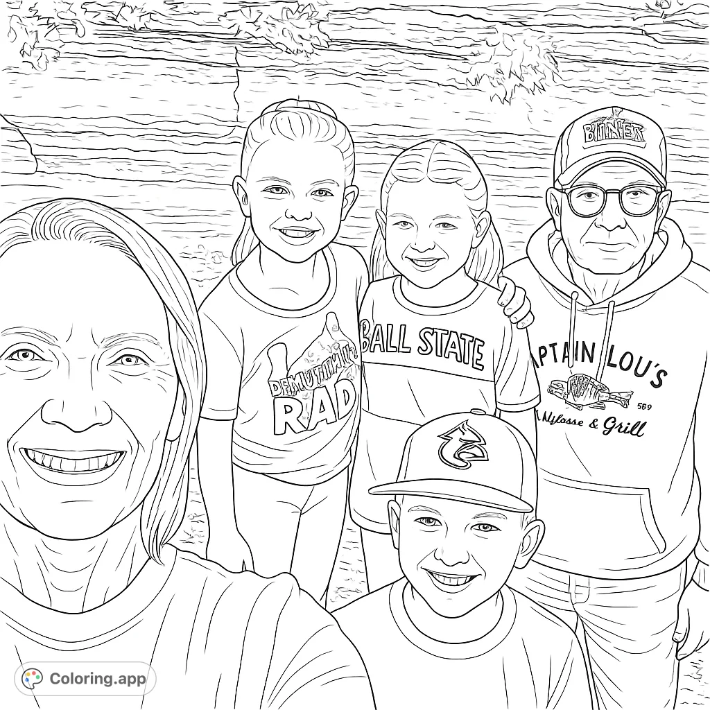 Capture a joyful family moment outdoors! This delightful coloring page features a multigenerational group smiling by a river with a rocky backdrop.