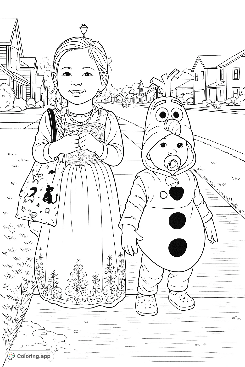 Two delightful children in character costumes, ready for a festive adventure on a charming neighborhood street. Perfect for imaginative coloring.