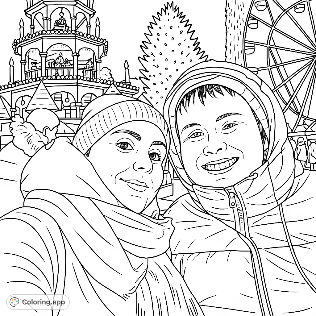 A heartwarming scene of two individuals at a bustling festive market, surrounded by illuminated structures like a Christmas pyramid and a Ferris wheel. Perfect for holiday coloring.
