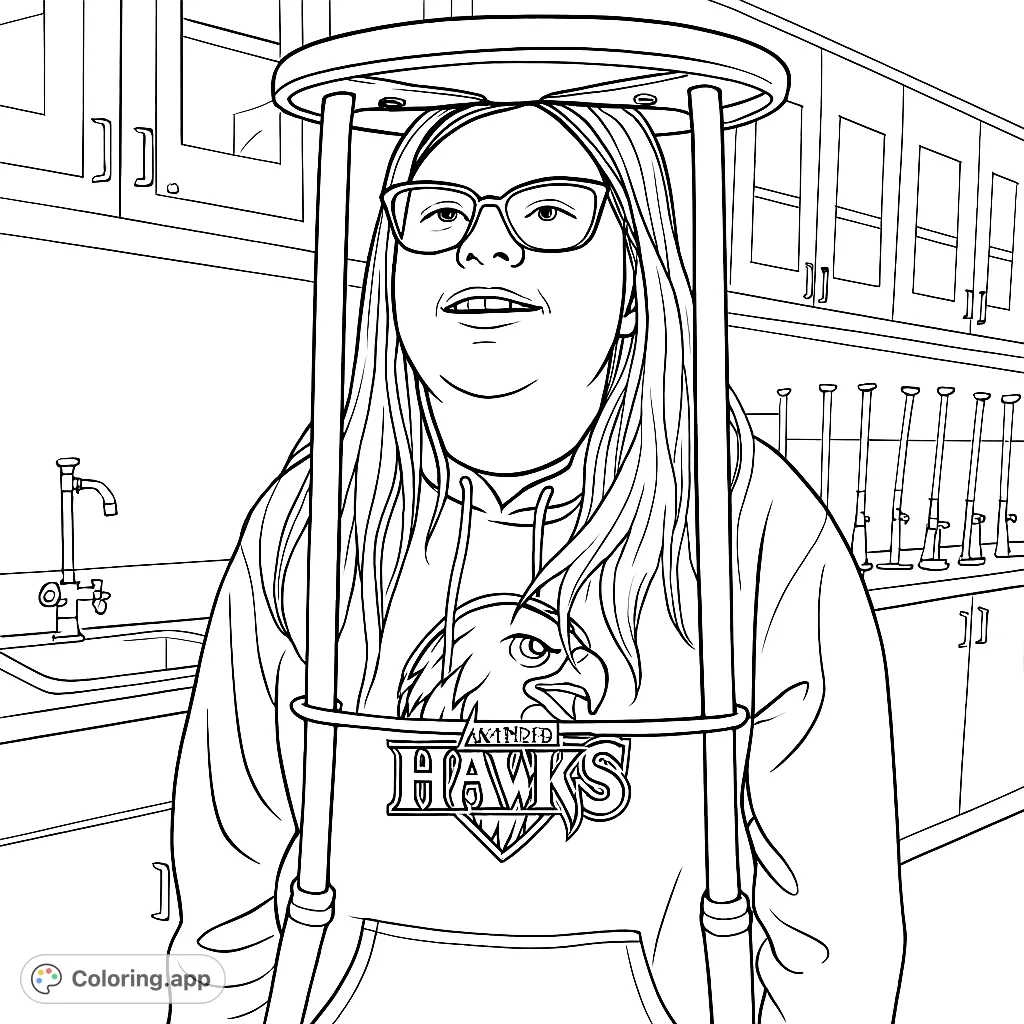 A humorous coloring page featuring a student playfully wearing a stool on their head in a classroom setting, perfect for a fun and engaging coloring experience.