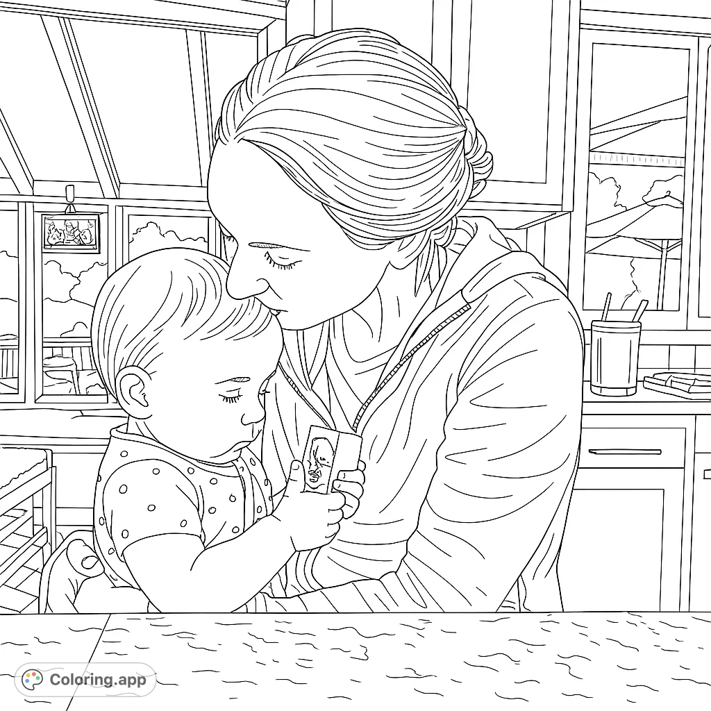 Capture a heartwarming moment of an adult sharing a tender forehead kiss with a baby, exploring a detailed indoor setting with kitchen elements and a bright solarium window.