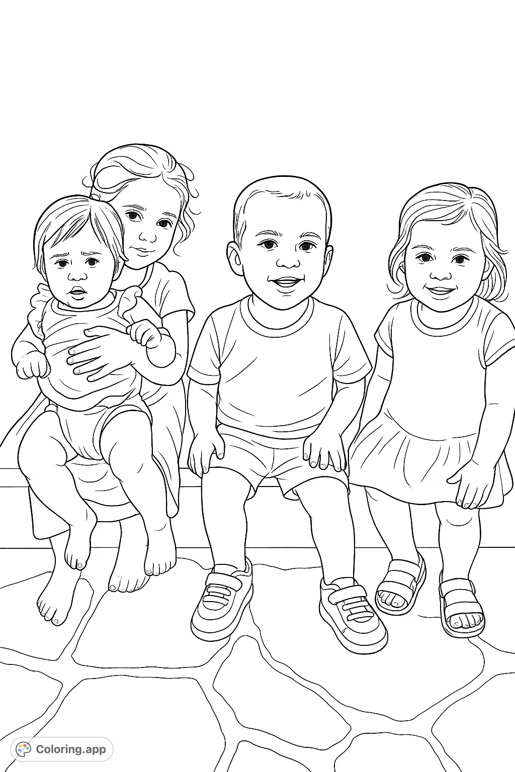 A heartwarming coloring page featuring four cheerful children enjoying an outdoor gathering on a sunny deck. Perfect for family fun and creative expression.