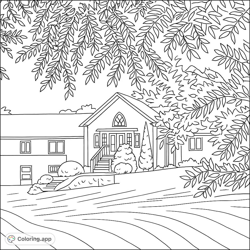 A detailed coloring page featuring a grand house with intricate architectural elements, surrounded by sculpted shrubs and a lush, expansive garden foreground.
