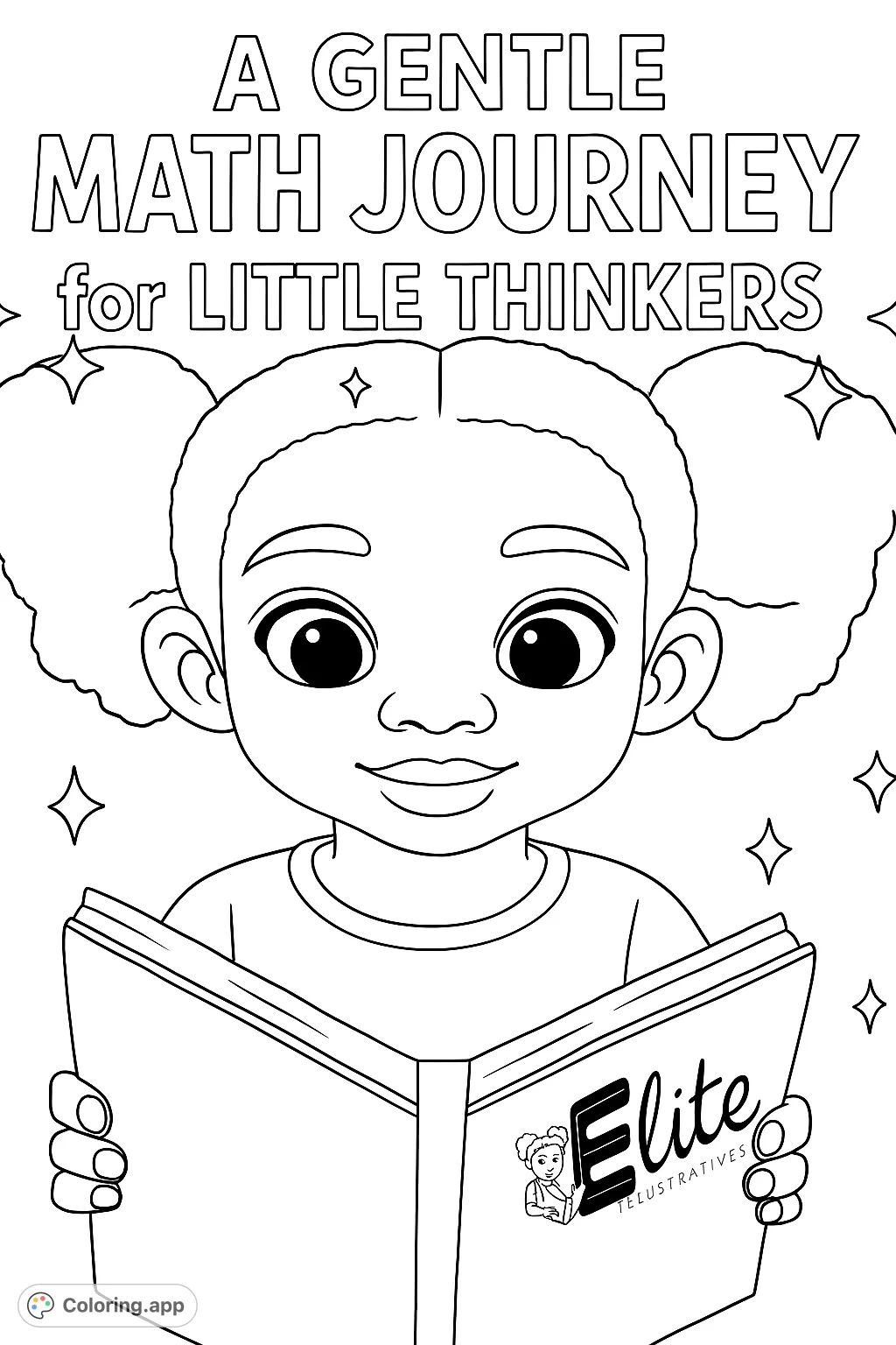 A captivating coloring page featuring an adorable child engrossed in an open book, surrounded by inspiring text and stars. Perfect for young learners.