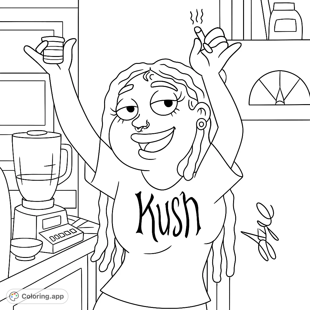 Capture a joyous cartoon character with dreadlocks, piercings, and raised arms, holding a decorative jar and a rolled item. A fun adult coloring page for relaxation.