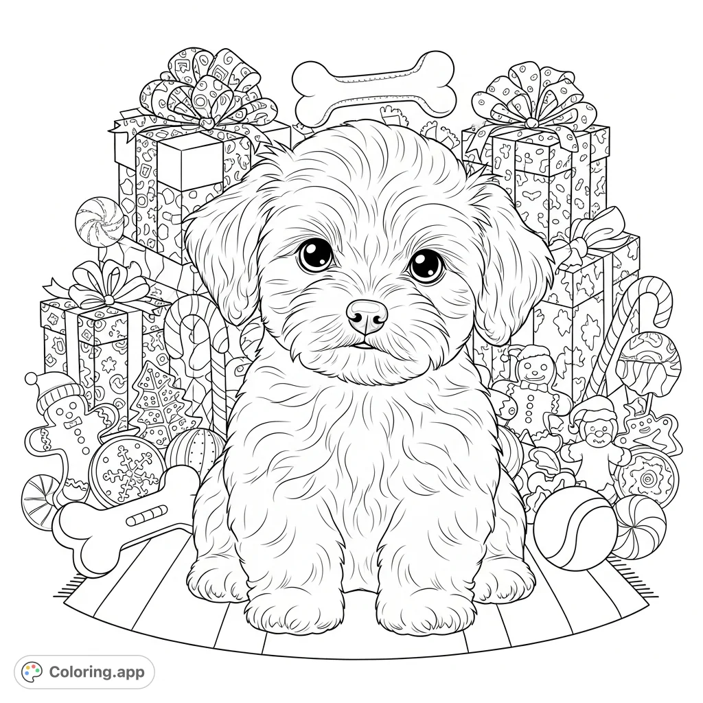 A charming poodle/shih-tzu/bichon puppy amidst a festive spread of Christmas treats and toys, perfect for holiday coloring fun.