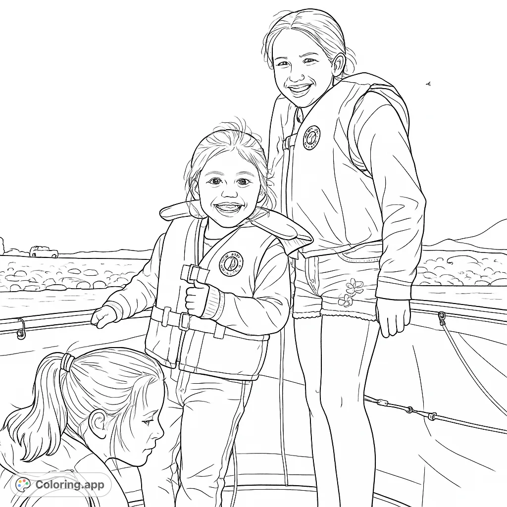 Three smiling individuals in buoyant vests enjoy a day on a boat. A cheerful scene perfect for coloring fun and imagining water adventures!