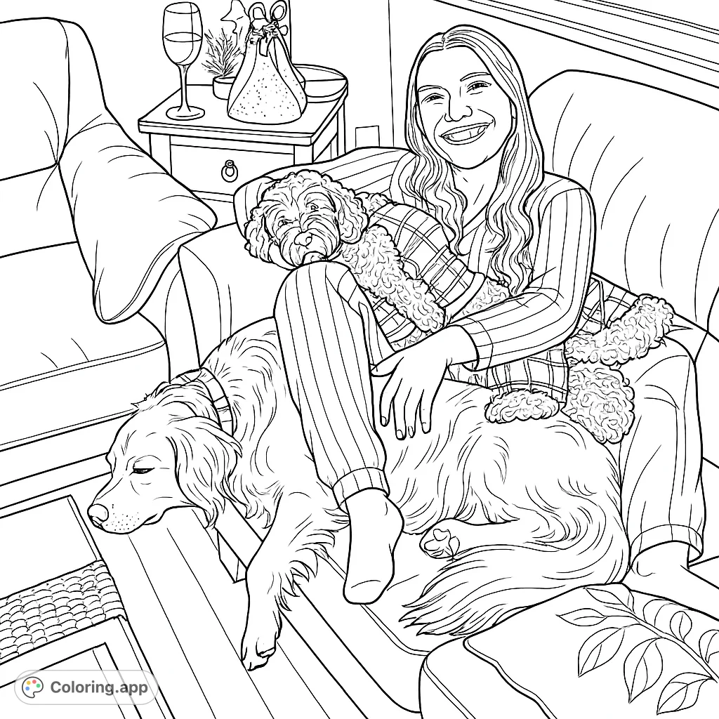 A heartwarming scene featuring a smiling woman relaxing on a couch with her two beloved dogs, surrounded by cozy home elements. A perfect image for comfort.