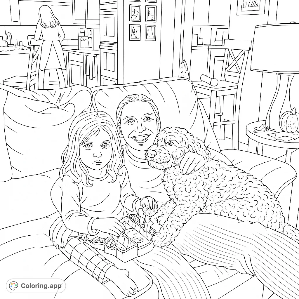 A heartwarming scene featuring a woman, child, and their furry dog companion relaxing on a comfortable couch at home. Perfect for family-themed coloring.