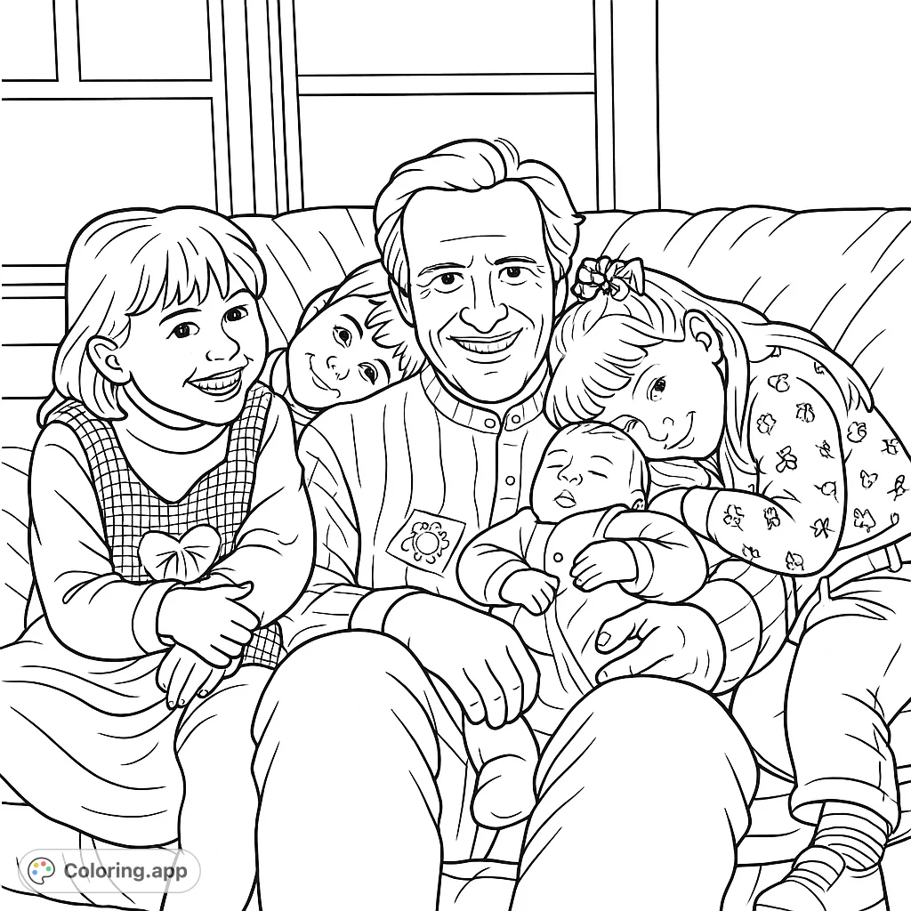 A heartwarming family moment coloring page featuring a father and his four children gathered on a sofa. Celebrate family bonds with this free printable!