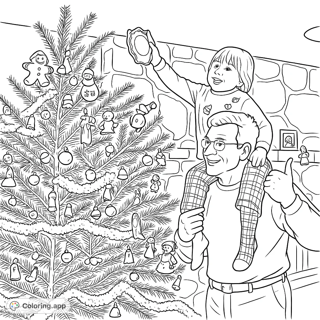 A heartwarming family moment capturing a child on a parent's shoulders, joyfully placing an ornament on a lavishly decorated festive tree. Perfect for holiday coloring fun!