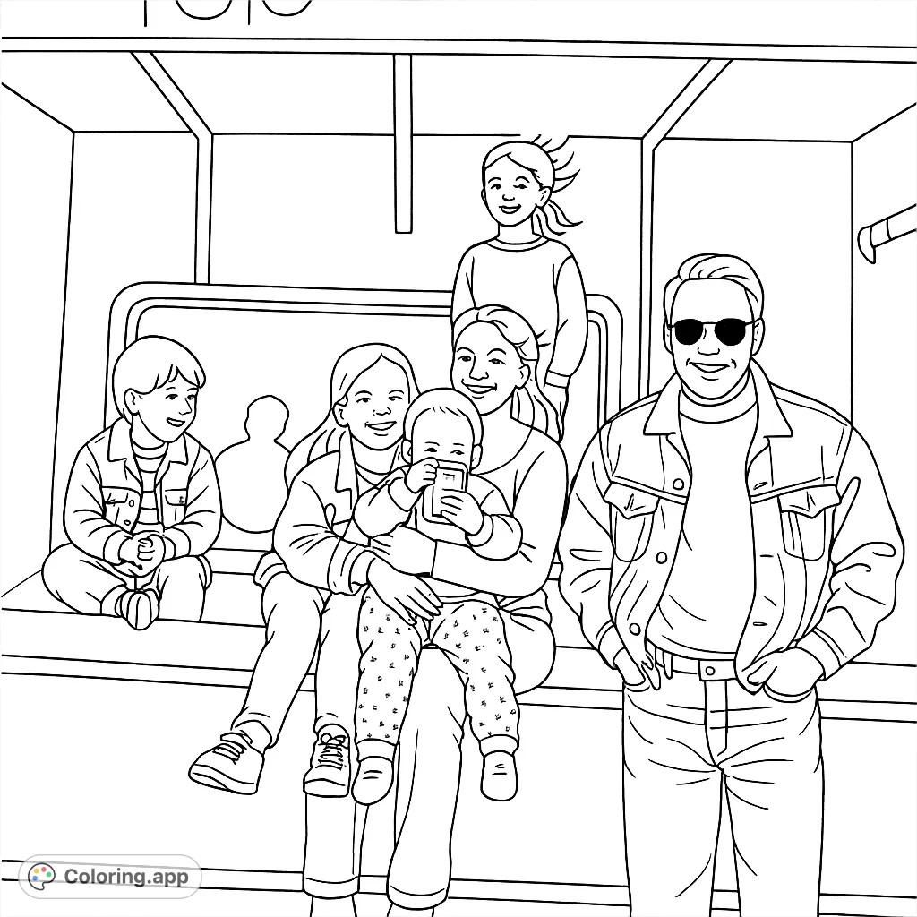 A heartwarming family group portrait coloring page featuring two adults and four children smiling together. Perfect for celebrating family bonds.