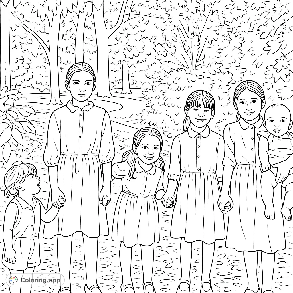 A heartwarming family portrait of six children, including a baby, standing together in a serene forest, holding hands.