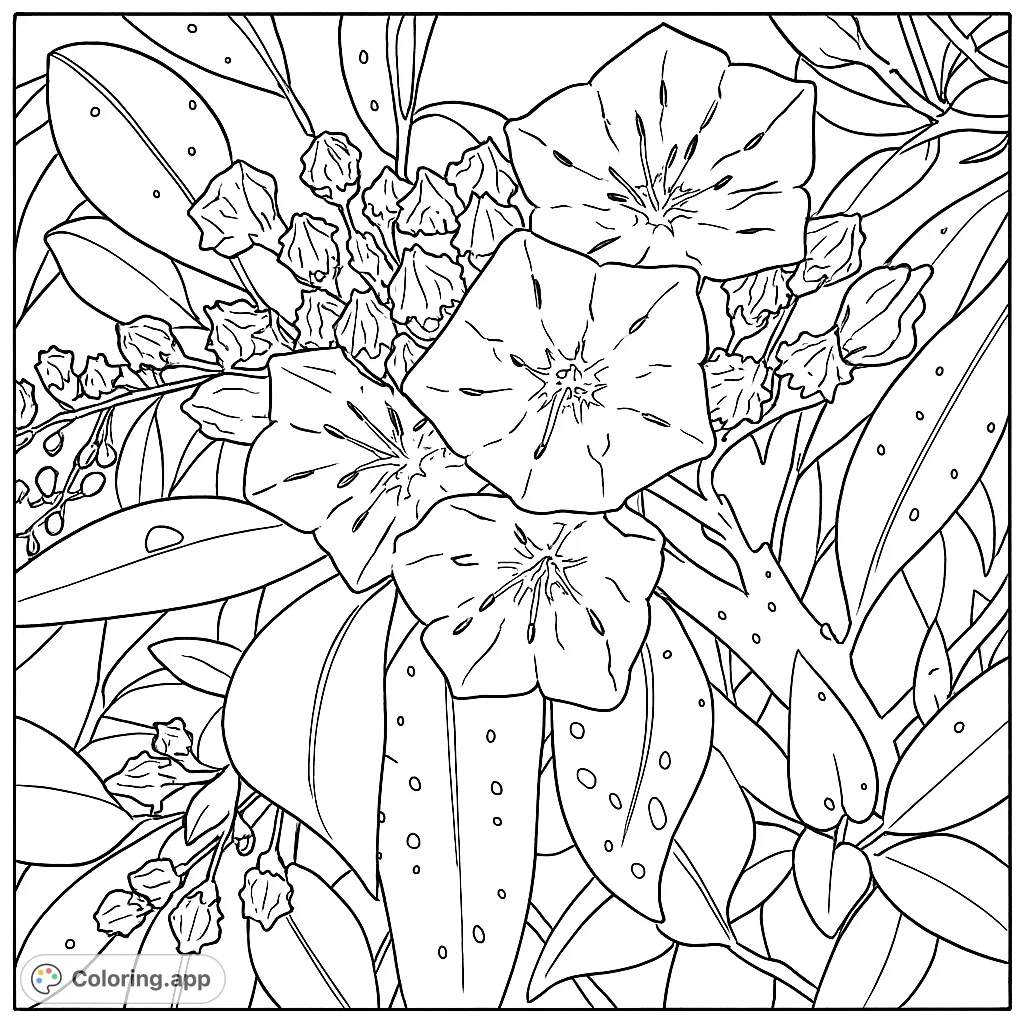 Detailed botanical coloring page featuring a cluster of elegant blossoms, tightly furled buds, and lush foliage with unique leaf patterns.