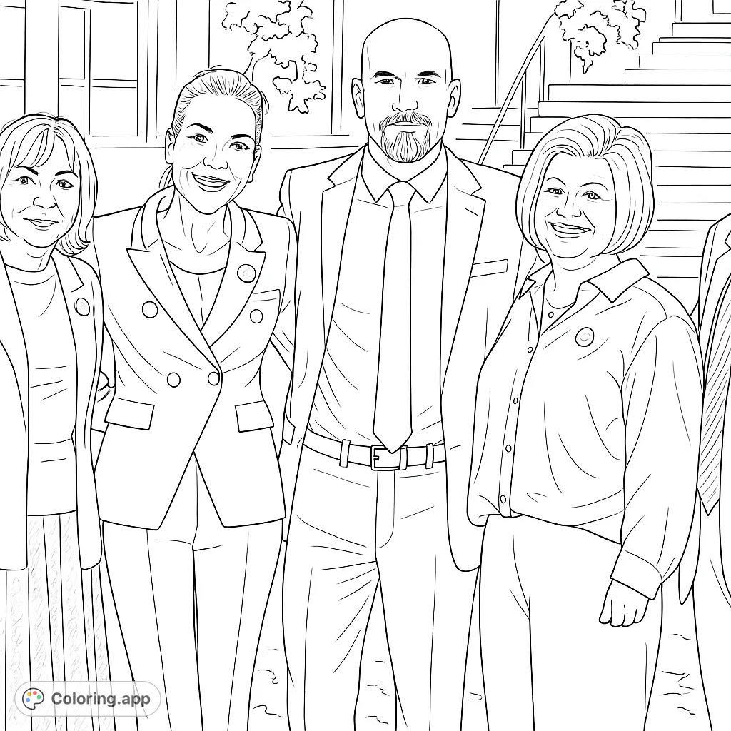 A compelling group portrait coloring page featuring five adults in professional attire against an urban background with foliage. Perfect for detail-oriented colorists.