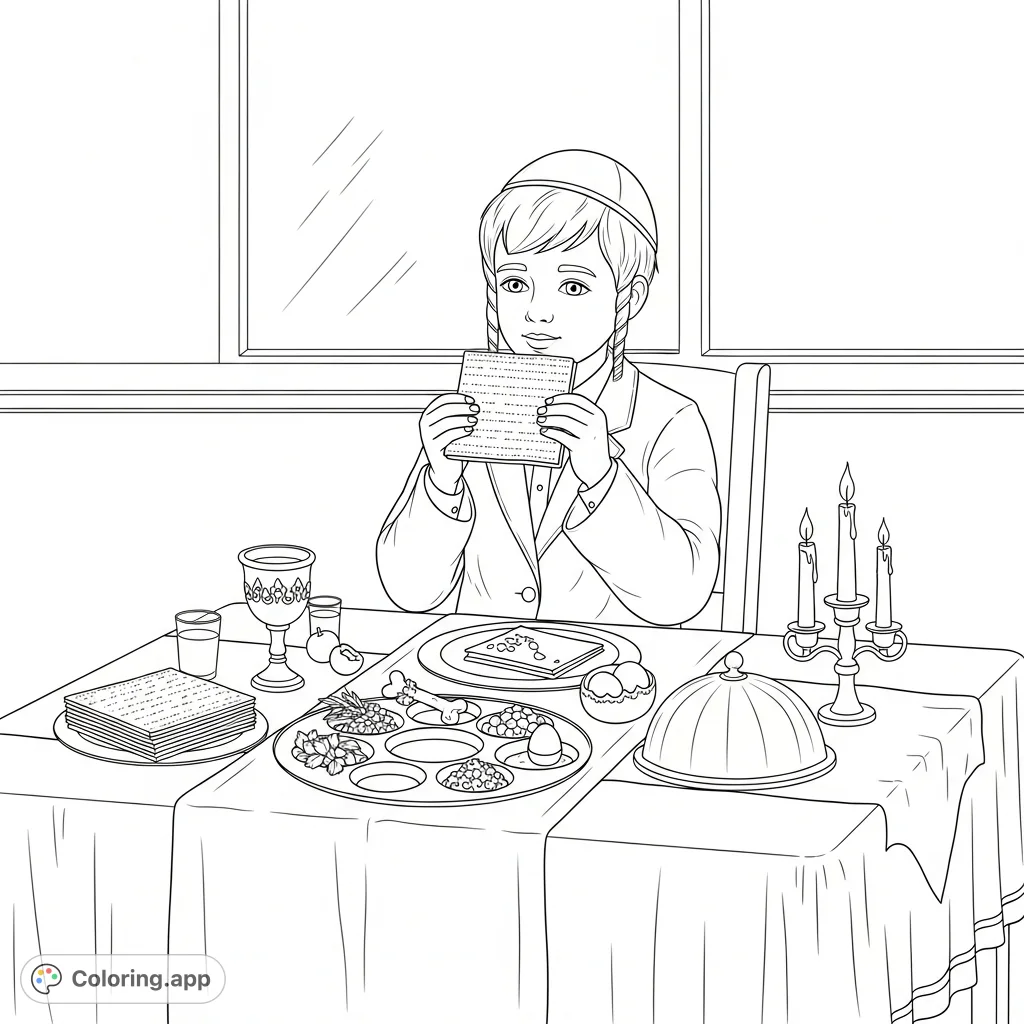 Capture a chasidic boy at a festive Seder table, holding matza, surrounded by symbolic Seder plate items and ritual objects. A meaningful cultural scene.
