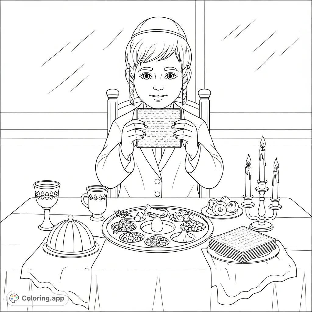 Experience the joy of Passover with this touching chasidic boy Seder coloring page, featuring a boy eating matza amidst traditional ritual items.