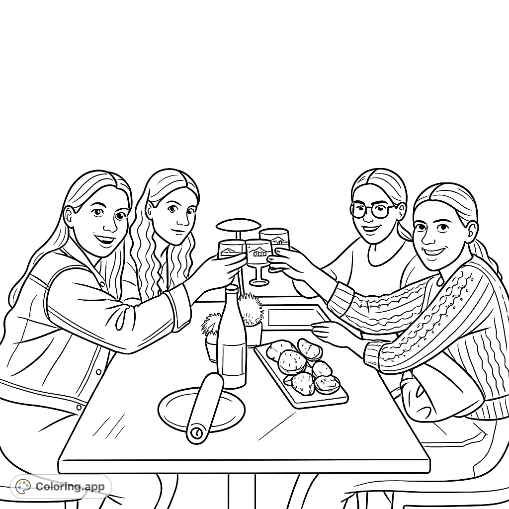 Four friends enjoying a meal together, raising glasses in a joyful toast, surrounded by elegant dining elements on a patterned table.