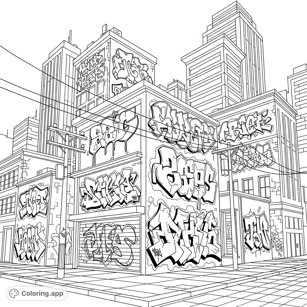Explore a dynamic graffiti city coloring page, featuring intricate font art on towering buildings. A unique urban free printable coloring page for street art lovers.