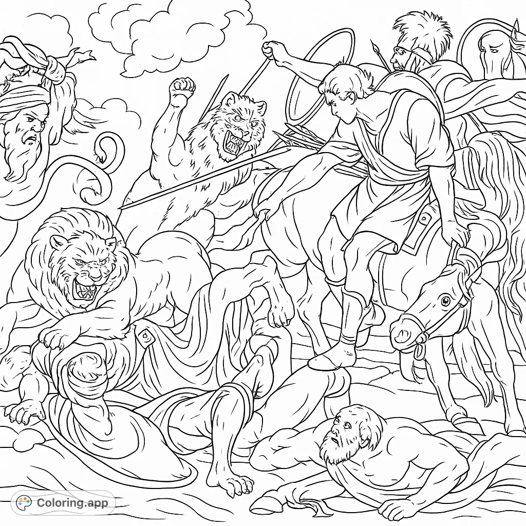 An intense lion hunt scene capturing a dramatic clash between powerful felines, courageous hunters, and spirited horses in a chaotic wilderness confrontation.