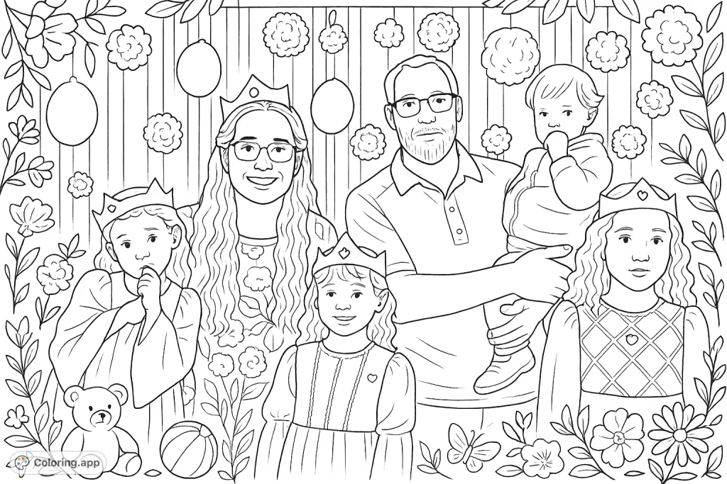 A heartwarming family portrait with a royal touch, featuring adults and children in crowns and gowns amidst festive decorations. Perfect for imaginative storybook fun!