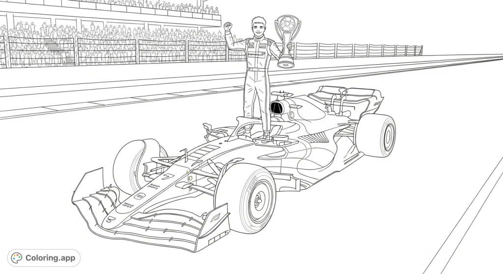 Celebrate Lando Norris's 2025 World Championship! This dynamic coloring page features Lando atop a McLaren F1 car, trophy in hand, on a detailed racetrack.