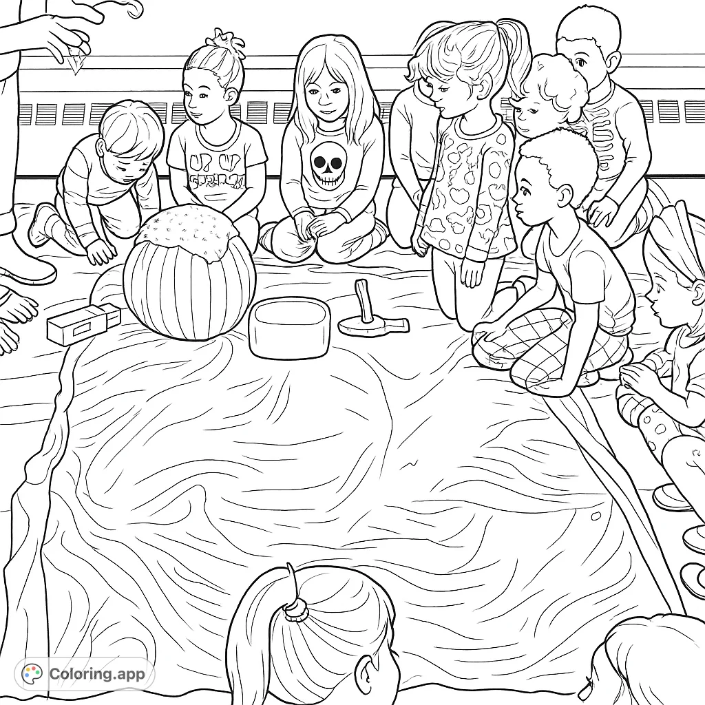 Watch kids discover science with a pumpkin volcano experiment. This engaging coloring page captures their wonder and the foamy eruption.