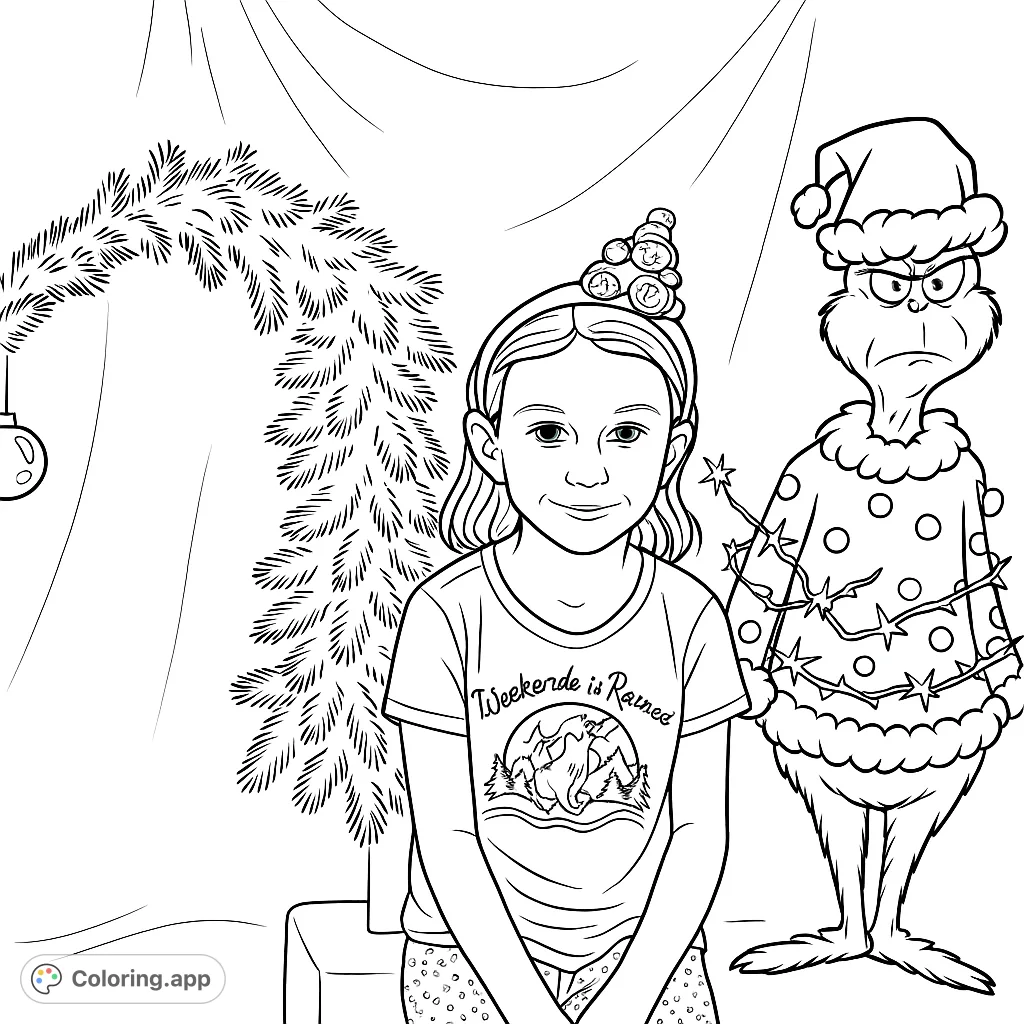 A charming child celebrates with a well-known grumpy character and festive decorations. Perfect for holiday fun and intricate coloring!