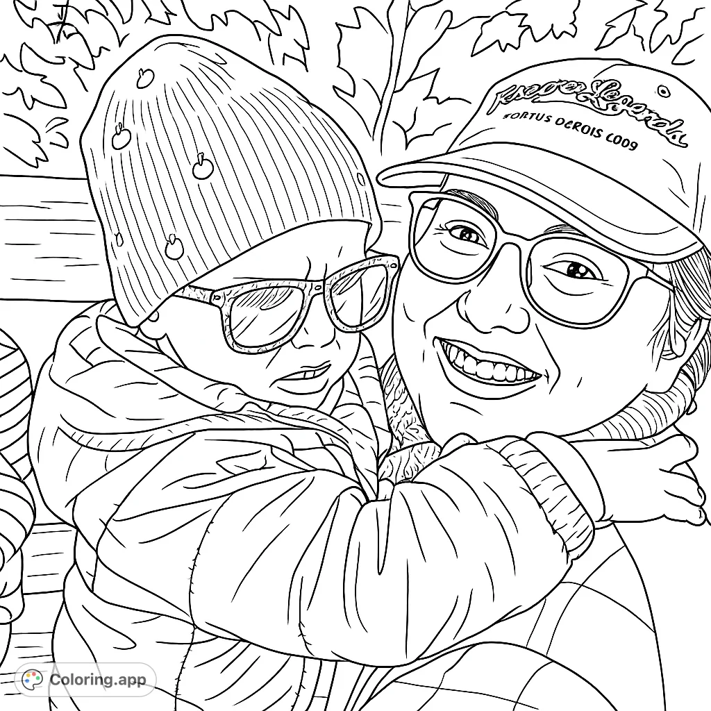 Capture a tender moment between an adult and child in an outdoor setting. Features detailed clothing, glasses, and a leafy background, perfect for creative coloring.