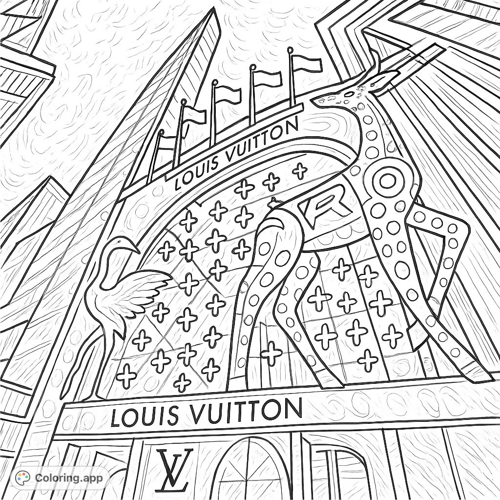 Discover a unique impressionistic cityscape featuring a stylized giraffe, elegant bird, and distinctive patterns. A free printable city animal coloring page for adults.